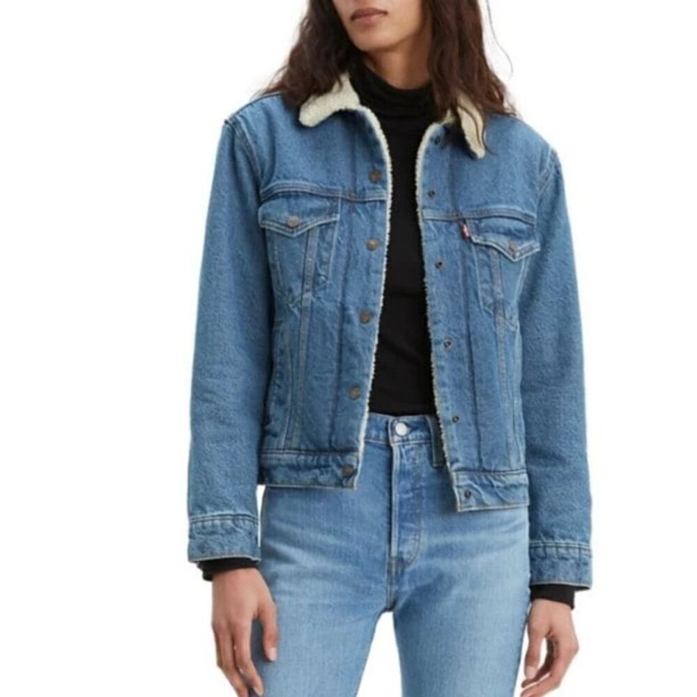 Levi's Faux Shearling Denim Trucker Jacket Womens XS Blue Snap Classic